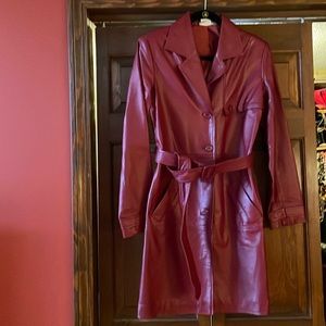 Red leather trench coat.